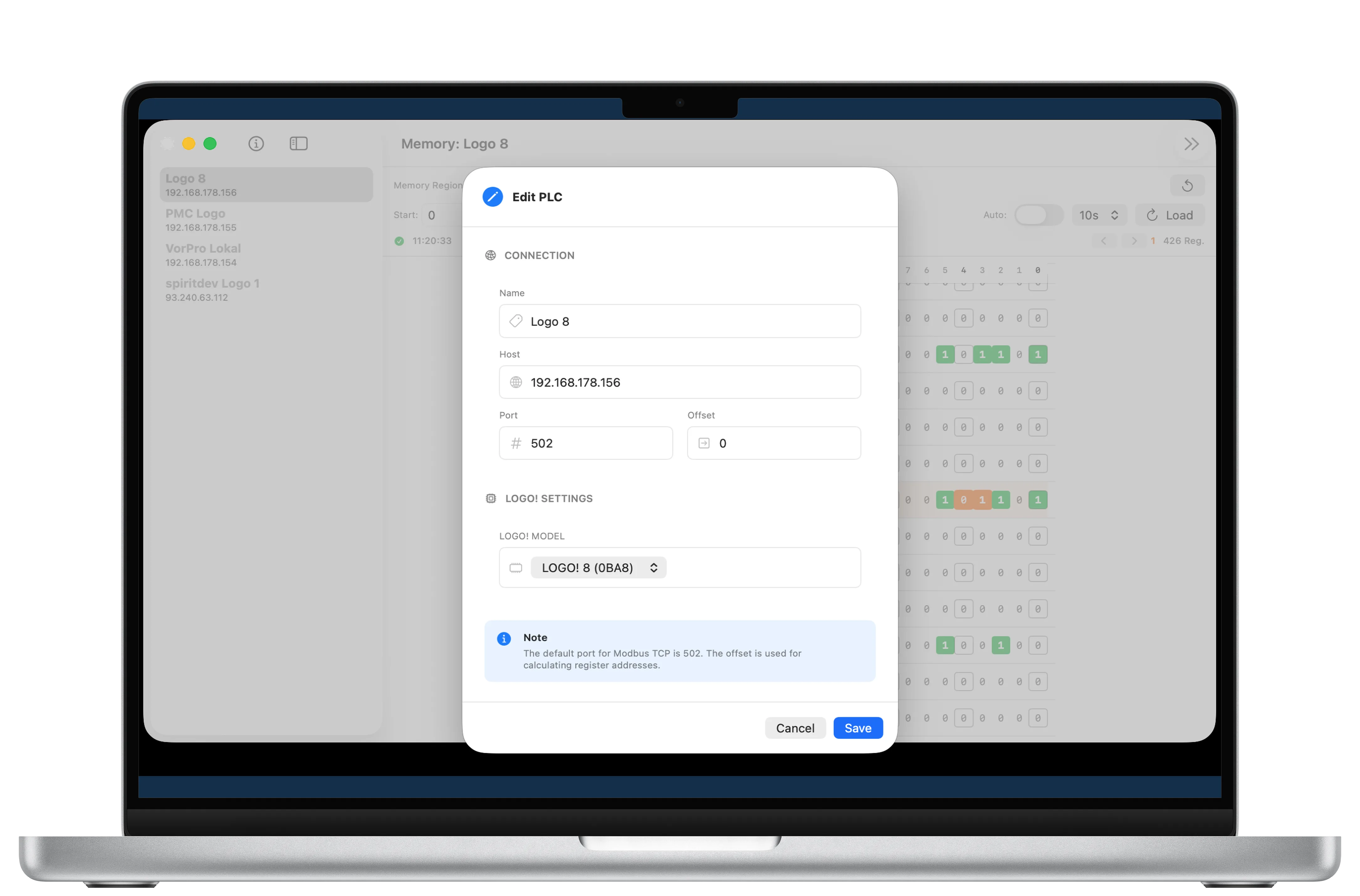 Station editor with all Modbus connection settings