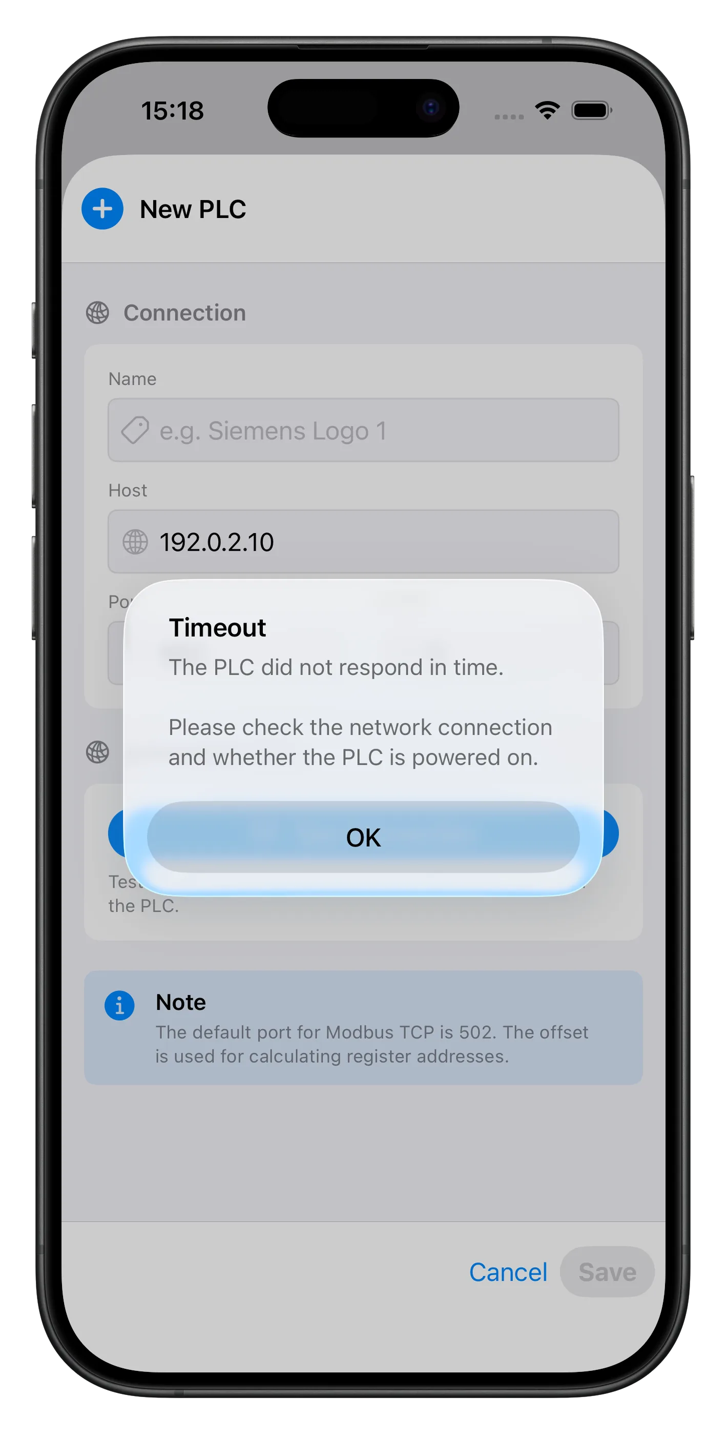 Error message in plain language: the app explains a timeout and suggests what to check