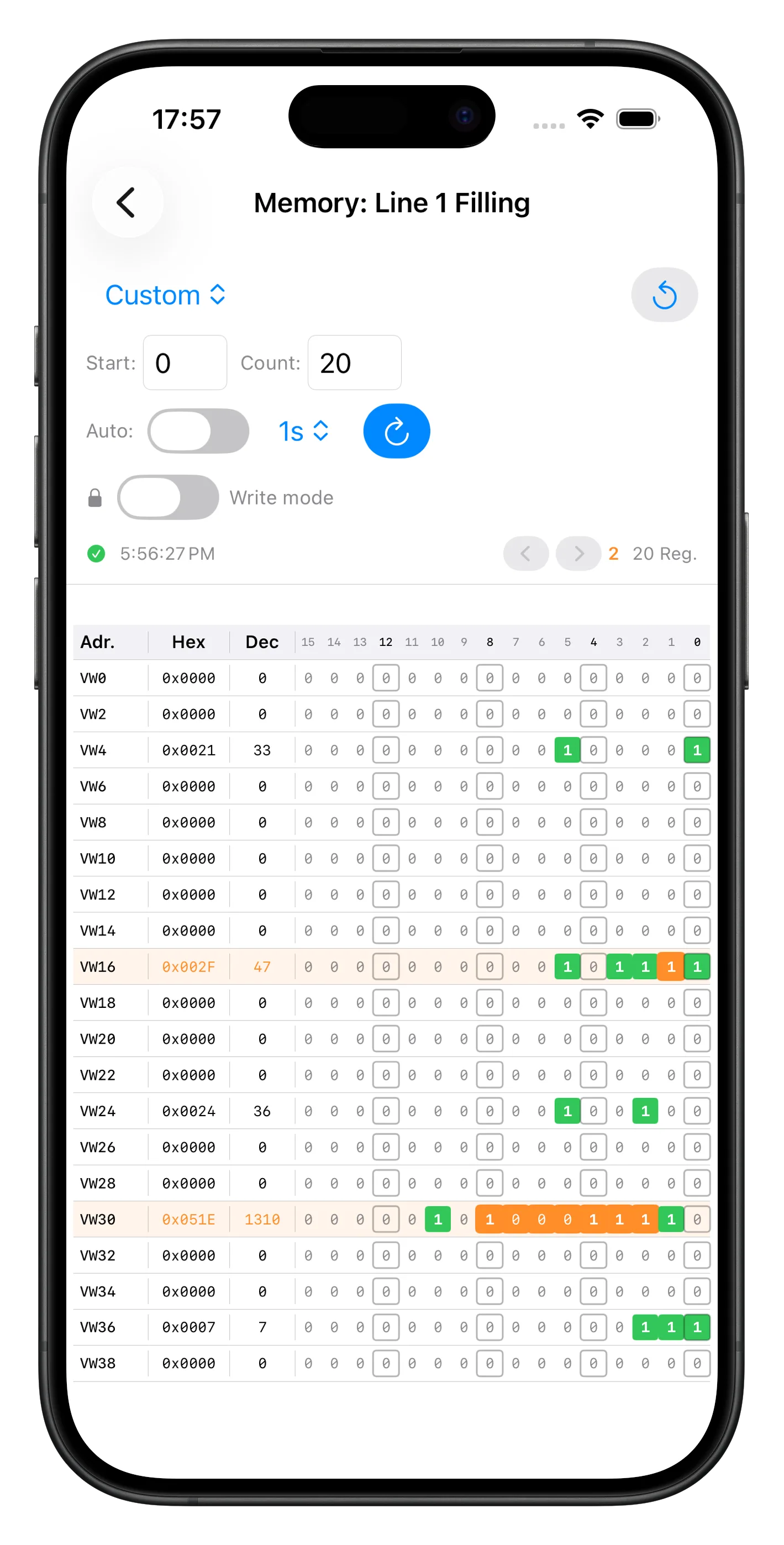 Memory table on iPhone with two changed registers highlighted in orange