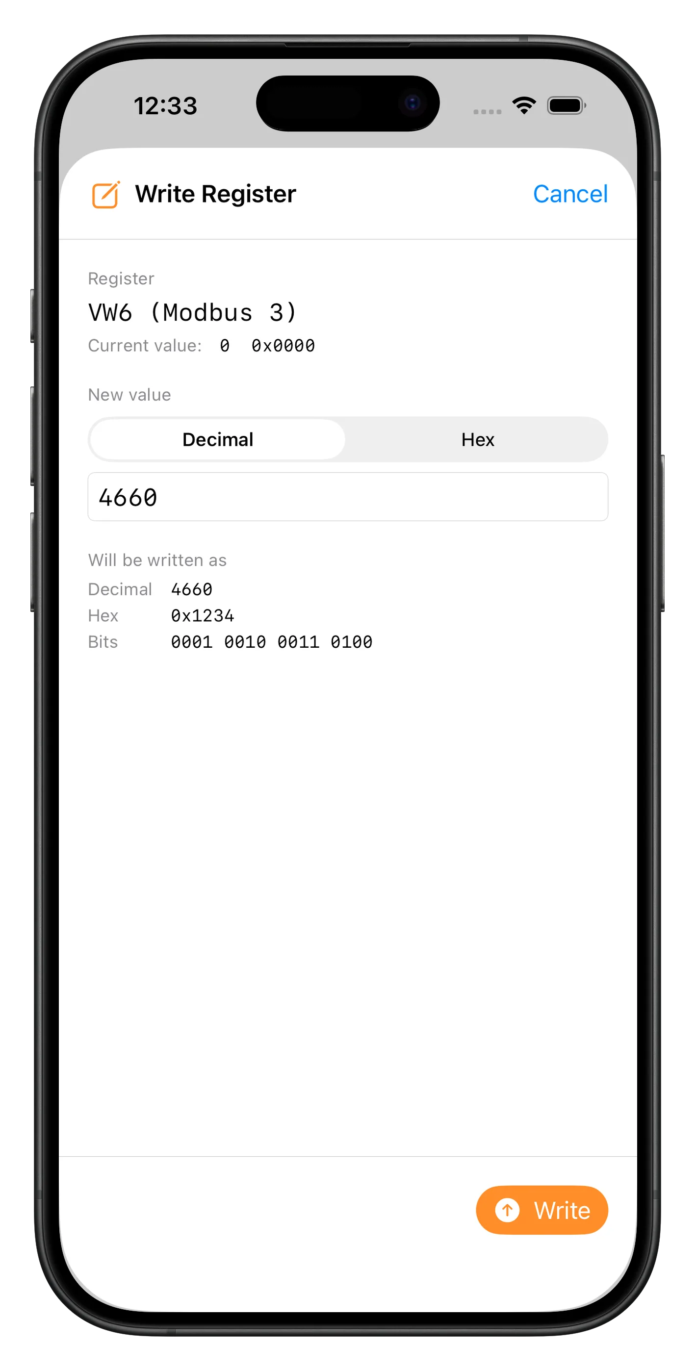 The write dialog: register VW6 with the new value and a preview in decimal, hexadecimal and bits
